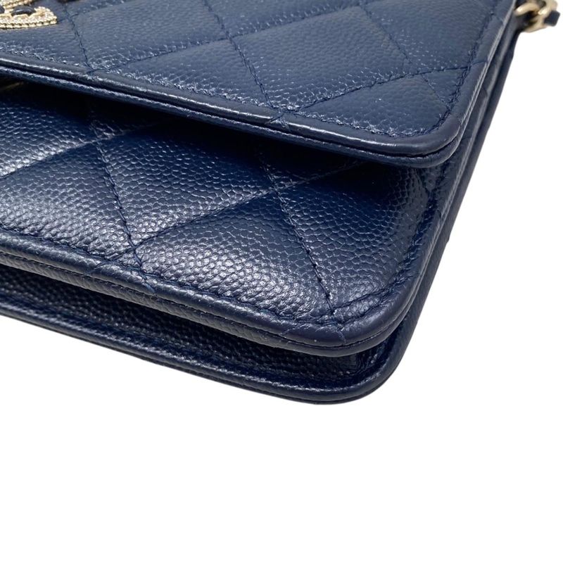 Chanel Shoulder Bag Chain Wallet Quilted Caviar Leather CC Logo Navy Gold