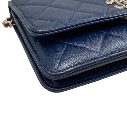 Chanel Shoulder Bag Chain Wallet Quilted Caviar Leather CC Logo Navy Gold