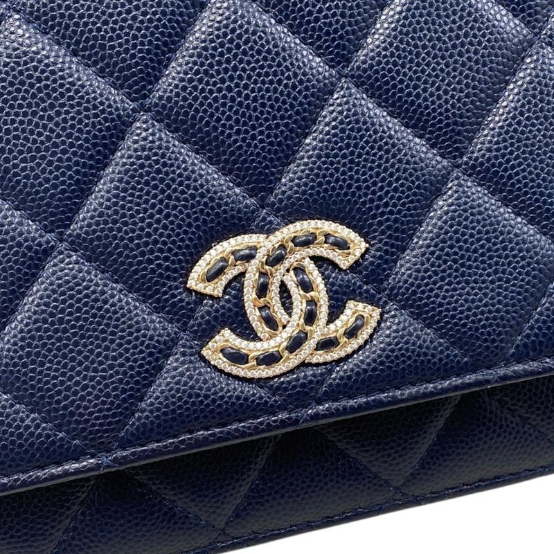 Chanel Shoulder Bag Chain Wallet Quilted Caviar Leather CC Logo Navy Gold