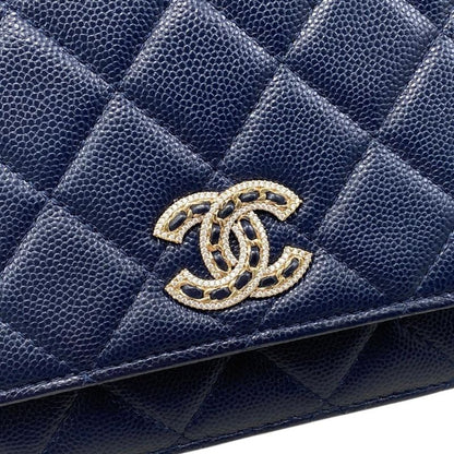 Chanel Shoulder Bag Chain Wallet Quilted Caviar Leather CC Logo Navy Gold