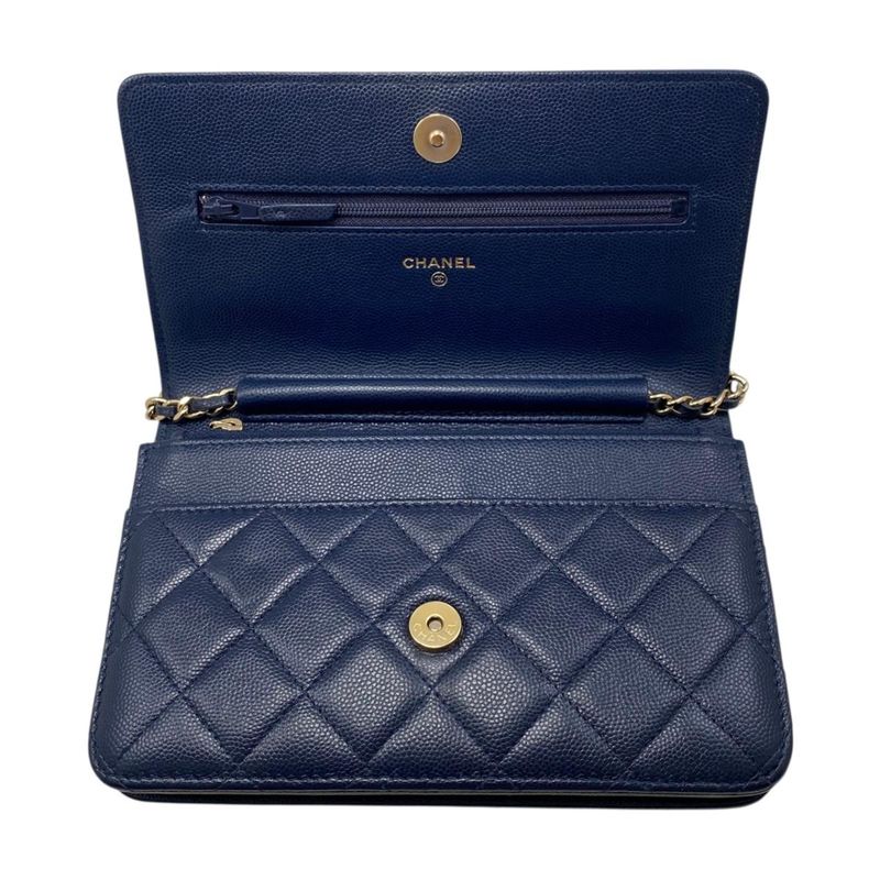 Chanel Shoulder Bag Chain Wallet Quilted Caviar Leather CC Logo Navy Gold