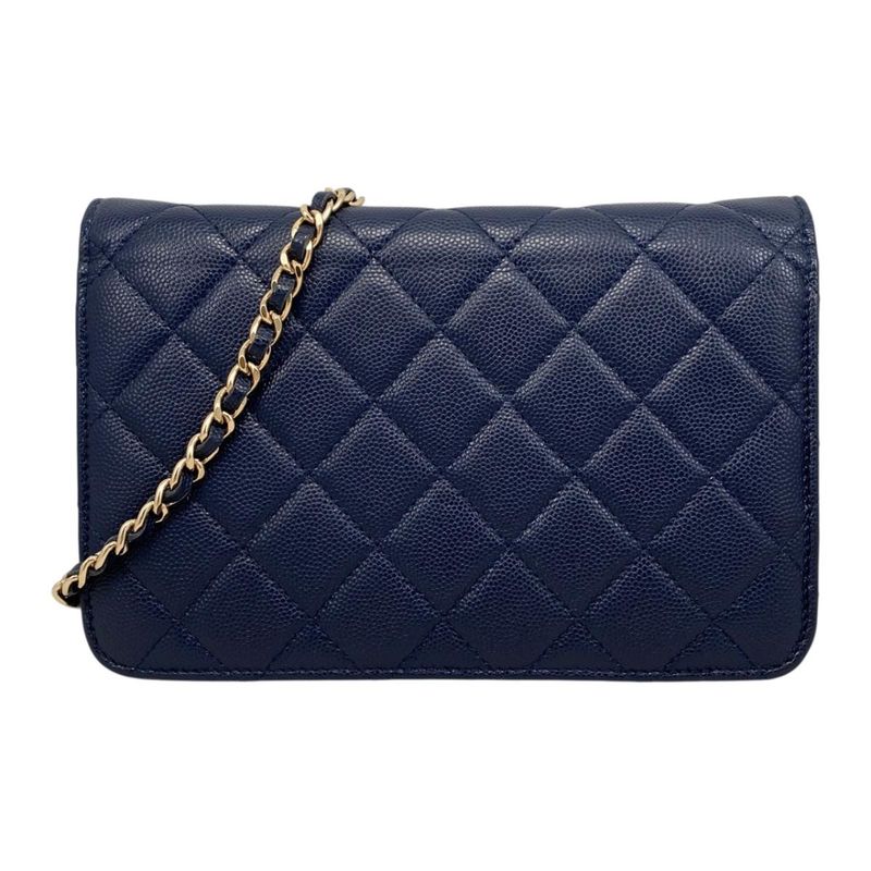 Chanel Shoulder Bag Chain Wallet Quilted Caviar Leather CC Logo Navy Gold
