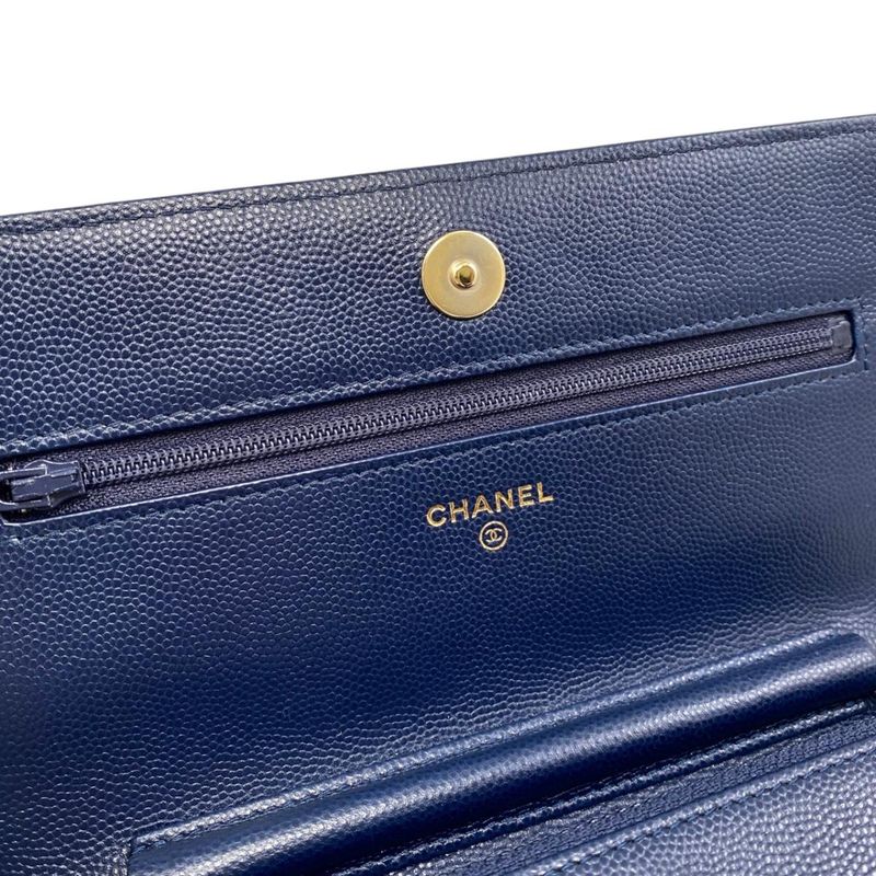 Chanel Shoulder Bag Chain Wallet Quilted Caviar Leather CC Logo Navy Gold