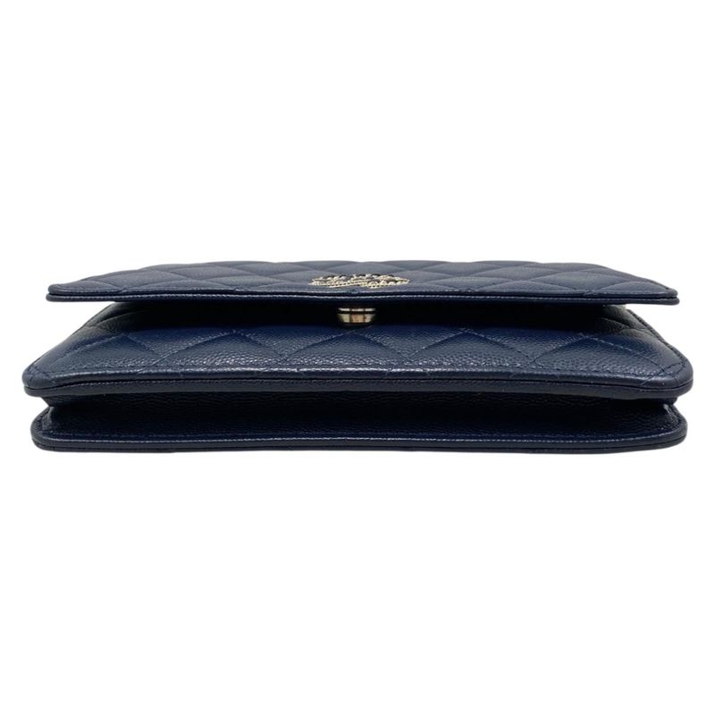 Chanel Shoulder Bag Chain Wallet Quilted Caviar Leather CC Logo Navy Gold