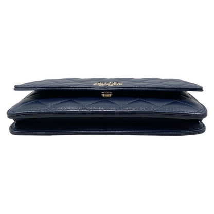 Chanel Shoulder Bag Chain Wallet Quilted Caviar Leather CC Logo Navy Gold