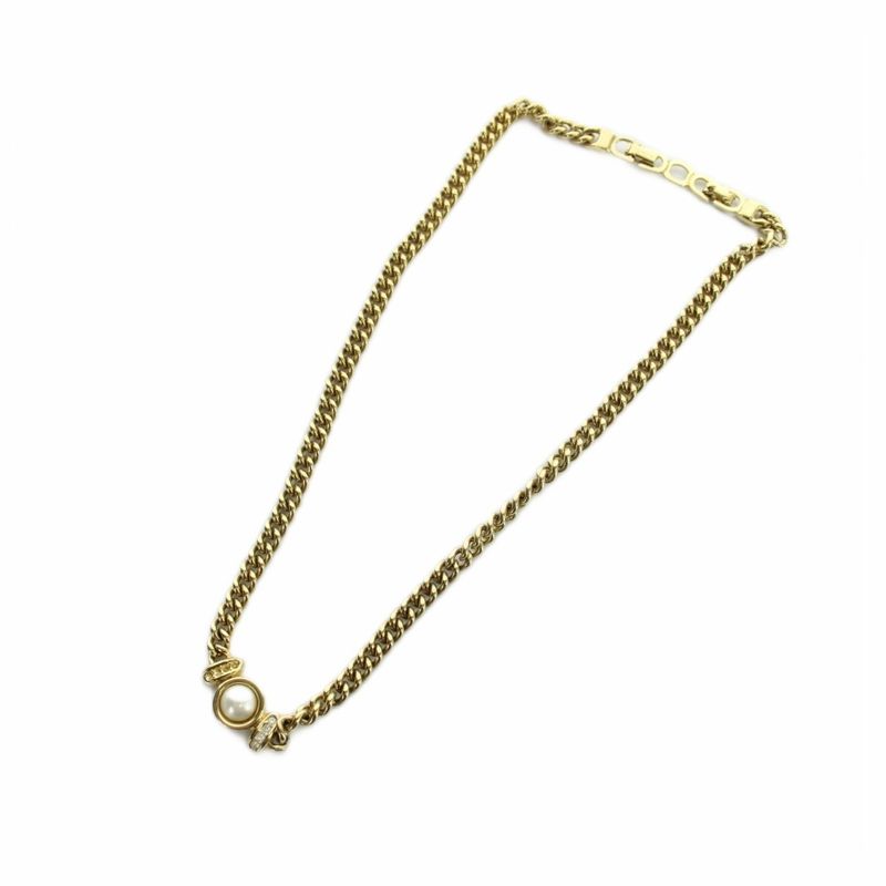 Dior Necklace Logo Faux Pearl Line Stone Gold