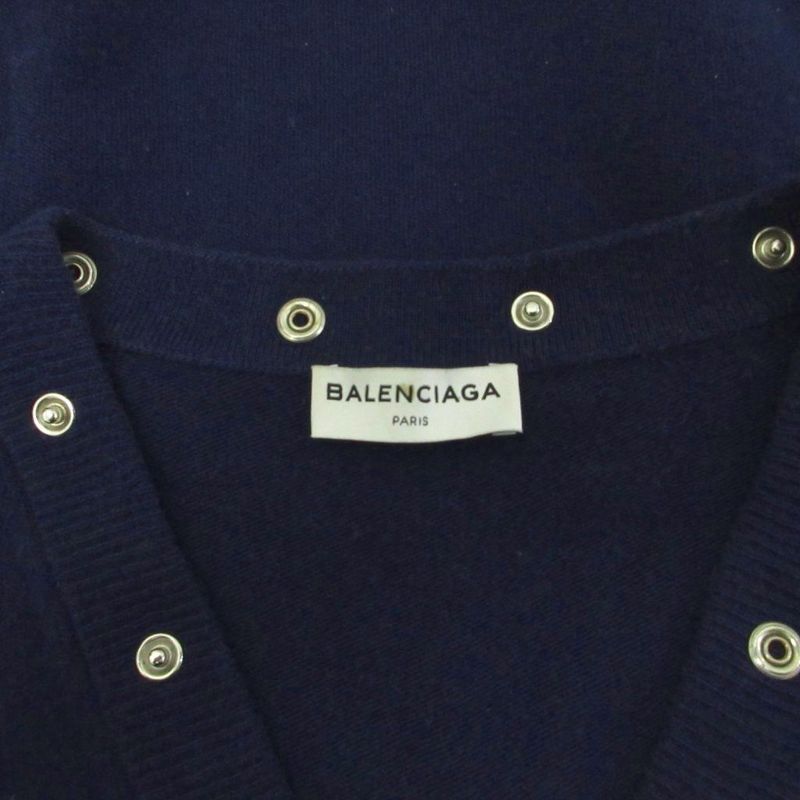 Balenciaga Knit Sweater Long Sleeve V-neck Snap Button Wool 36 Navy