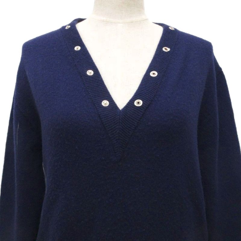 Balenciaga Knit Sweater Long Sleeve V-neck Snap Button Wool 36 Navy