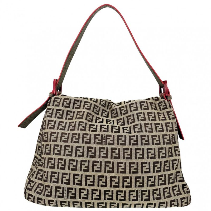Fendi Shoulder Bag Mamma Bucket Zucchino Pattern Bag Canvas Leather Brown Red