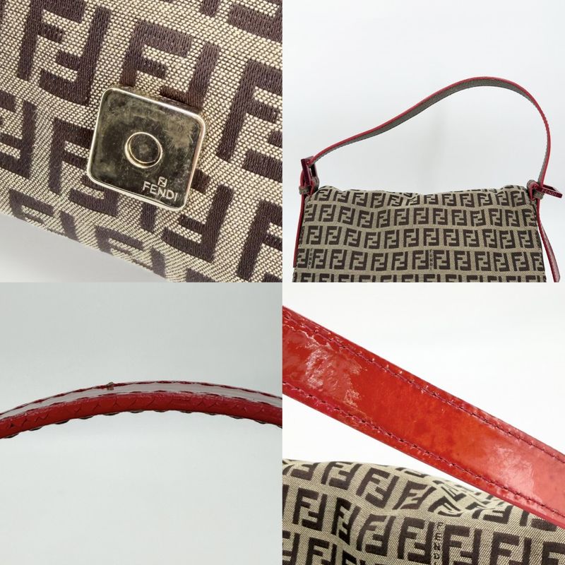 Fendi Shoulder Bag Mamma Bucket Zucchino Pattern Bag Canvas Leather Brown Red