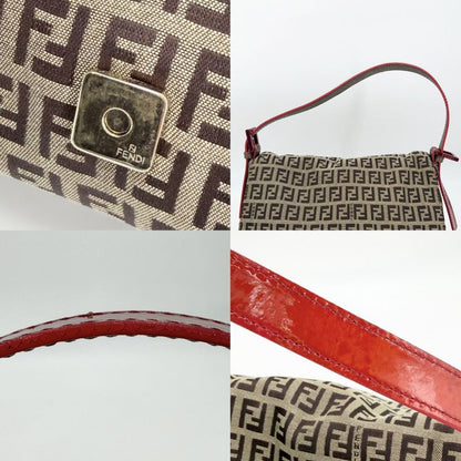Fendi Shoulder Bag Mamma Bucket Zucchino Pattern Bag Canvas Leather Brown Red