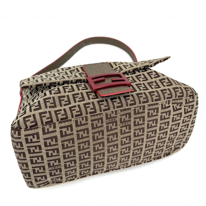 Fendi Shoulder Bag Mamma Bucket Zucchino Pattern Bag Canvas Leather Brown Red