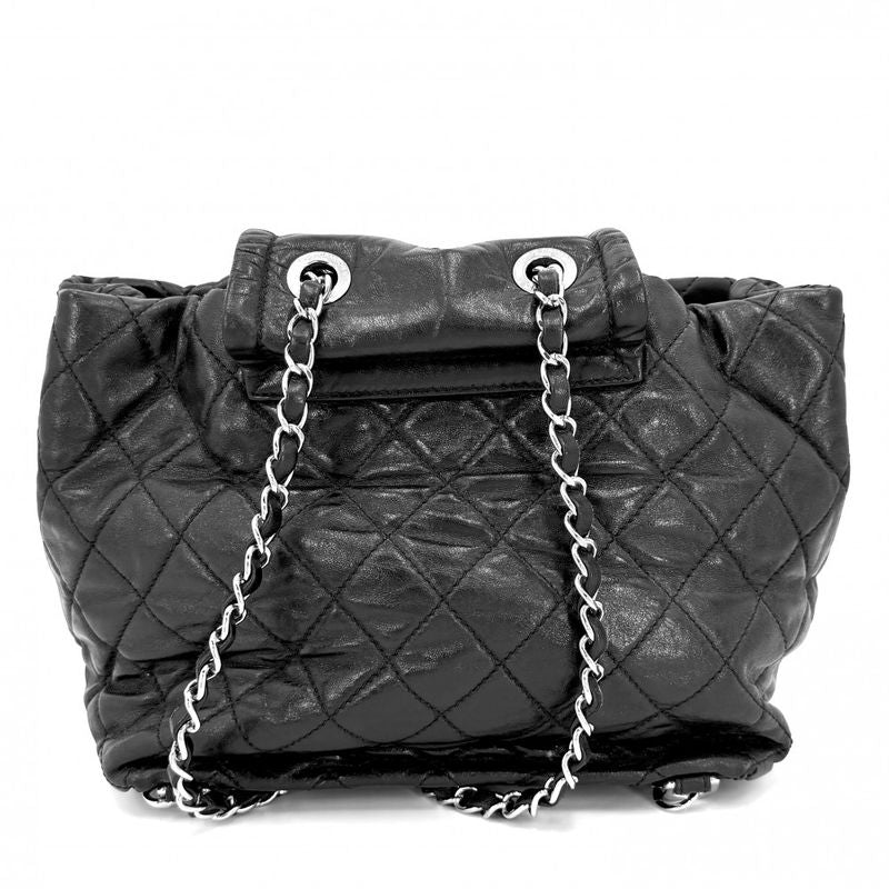 Chanel Quilted Backpack Chain Shoulder Turnlock CC Logo Leather Black Silver