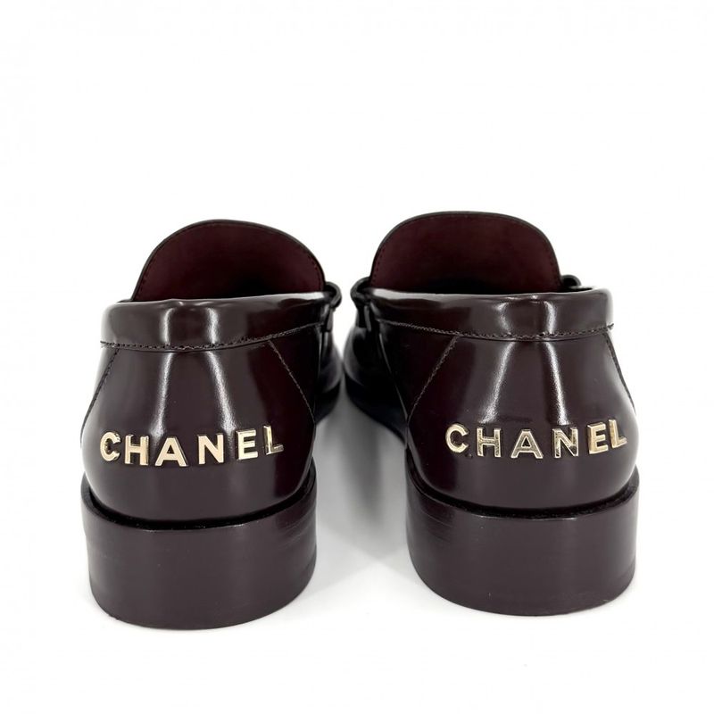 Chanel Loafers Logo CC Shoes 37c Leather Brown Gold