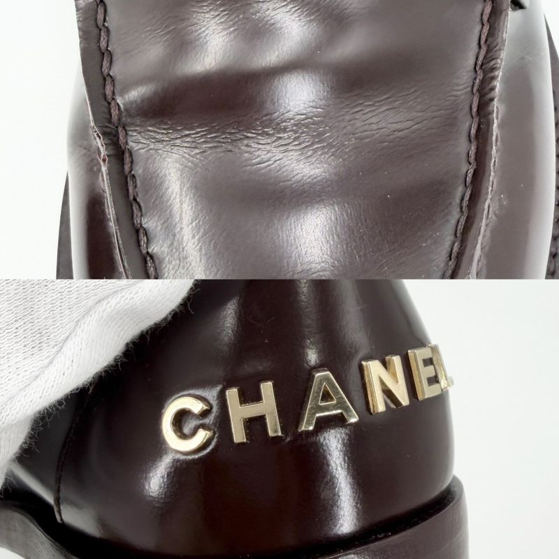 Chanel Loafers Logo CC Shoes 37c Leather Brown Gold