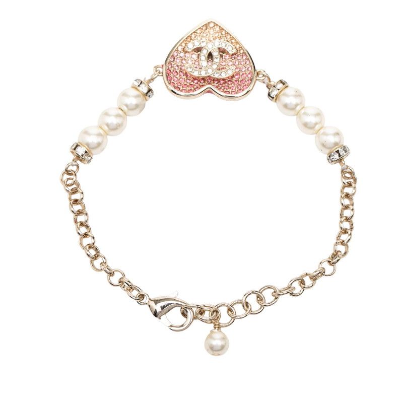 Chanel CC Logo Heart Motif Line Stone Bracelet Gold Pink Plated Faux Pearl