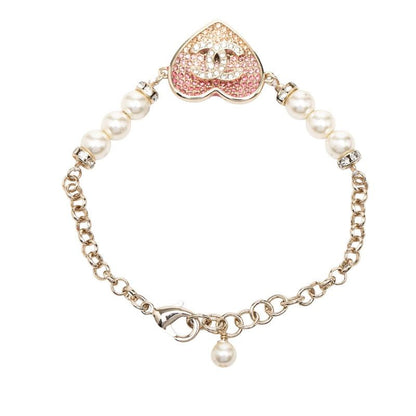 Chanel CC Logo Heart Motif Line Stone Bracelet Gold Pink Plated Faux Pearl