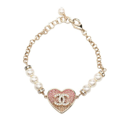 Chanel CC Logo Heart Motif Line Stone Bracelet Gold Pink Plated Faux Pearl