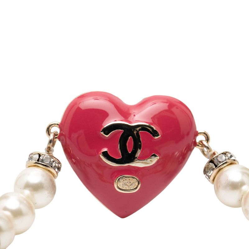 Chanel CC Logo Heart Motif Line Stone Bracelet Gold Pink Plated Faux Pearl