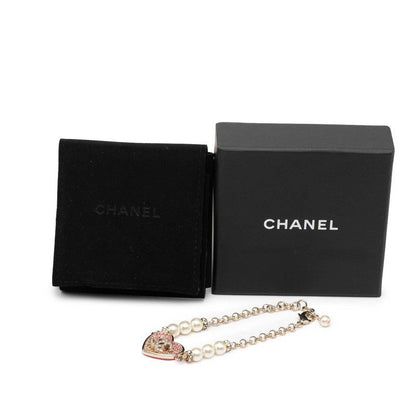 Chanel CC Logo Heart Motif Line Stone Bracelet Gold Pink Plated Faux Pearl