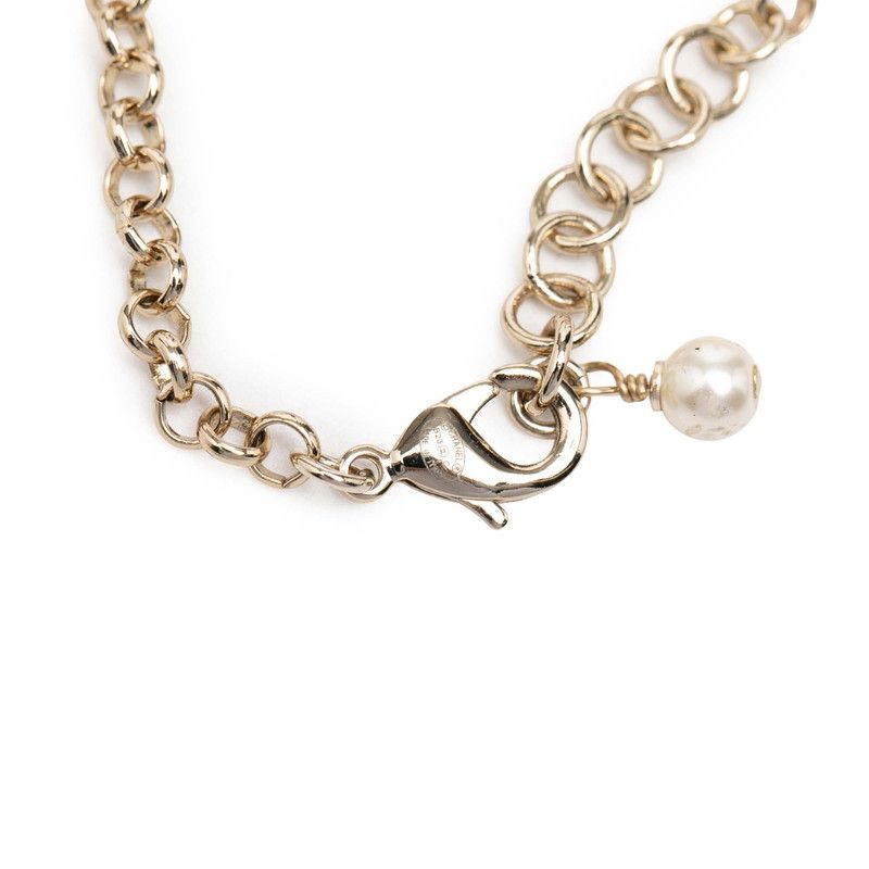 Chanel CC Logo Heart Motif Line Stone Bracelet Gold Pink Plated Faux Pearl