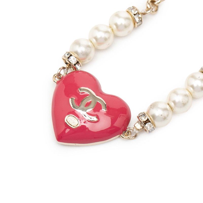 Chanel CC Logo Heart Motif Line Stone Bracelet Gold Pink Plated Faux Pearl