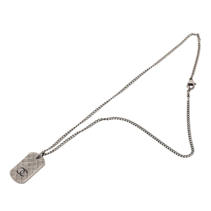 Chanel Quilted Dog Tag CC Logo Necklace Silver Metal