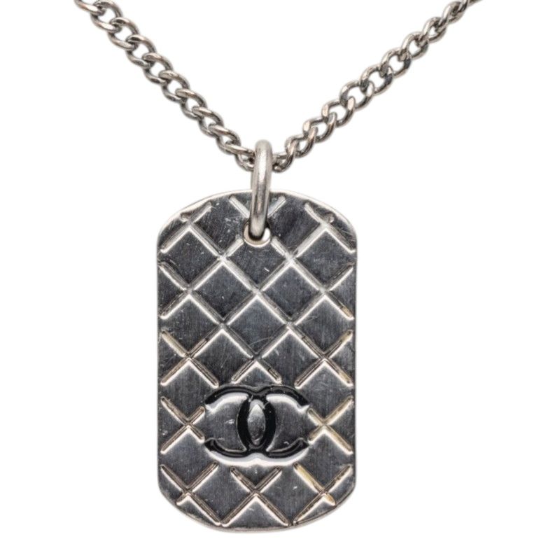 Chanel Quilted Dog Tag CC Logo Necklace Silver Metal