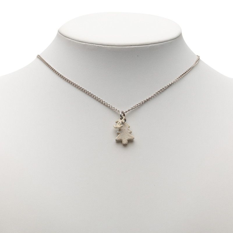Chanel CC Logo Christmas Tree Motif Necklace Silver White Metal