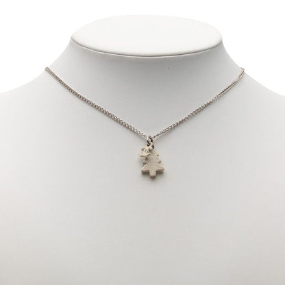 Chanel CC Logo Christmas Tree Motif Necklace Silver White Metal