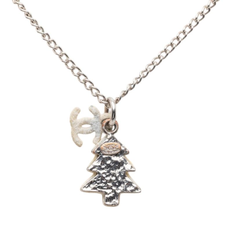 Chanel CC Logo Christmas Tree Motif Necklace Silver White Metal