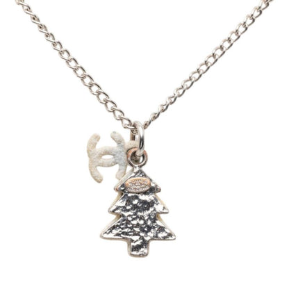 Chanel CC Logo Christmas Tree Motif Necklace Silver White Metal