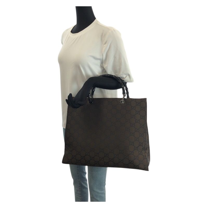 Gucci Bamboo GG Pattern Brown Silver Nylon 002 Tote