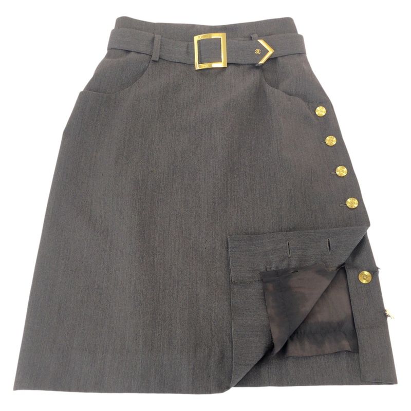 Chanel Vintage Gold Button CC Logo 40 Gray Wool Skirt