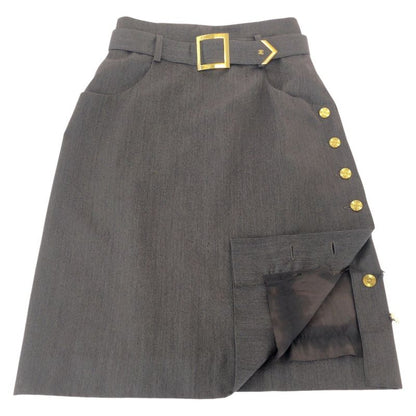 Chanel Vintage Gold Button CC Logo 40 Gray Wool Skirt