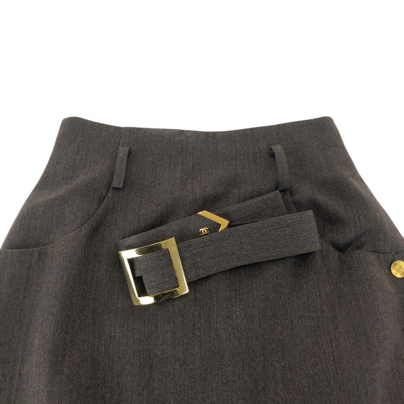 Chanel Vintage Gold Button CC Logo 40 Gray Wool Skirt