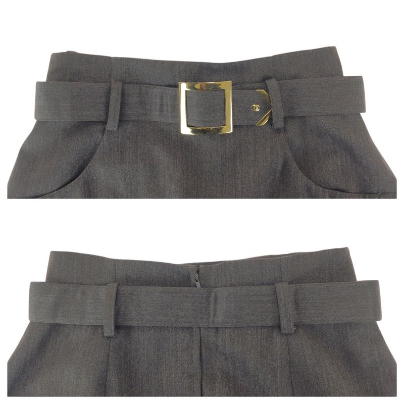 Chanel Vintage Gold Button CC Logo 40 Gray Wool Skirt
