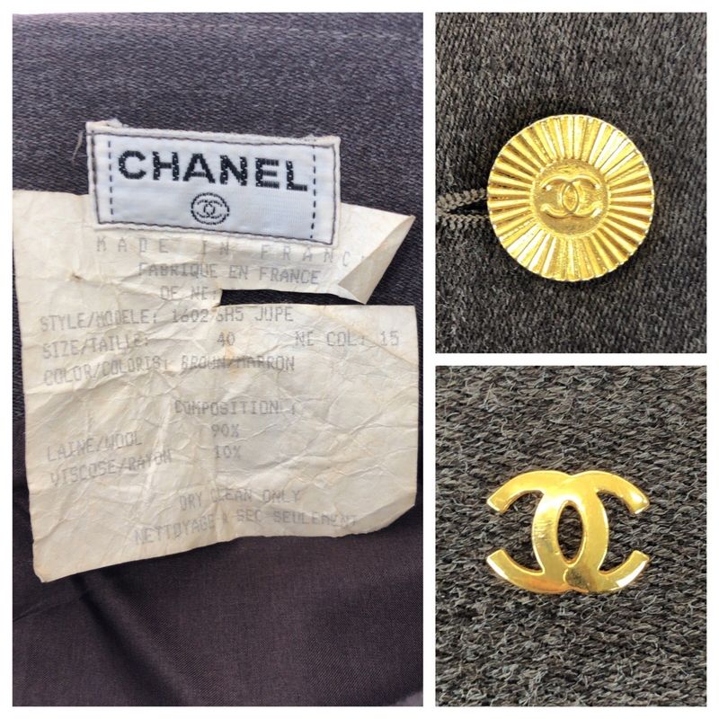 Chanel Vintage Gold Button CC Logo 40 Gray Wool Skirt