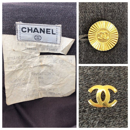 Chanel Vintage Gold Button CC Logo 40 Gray Wool Skirt