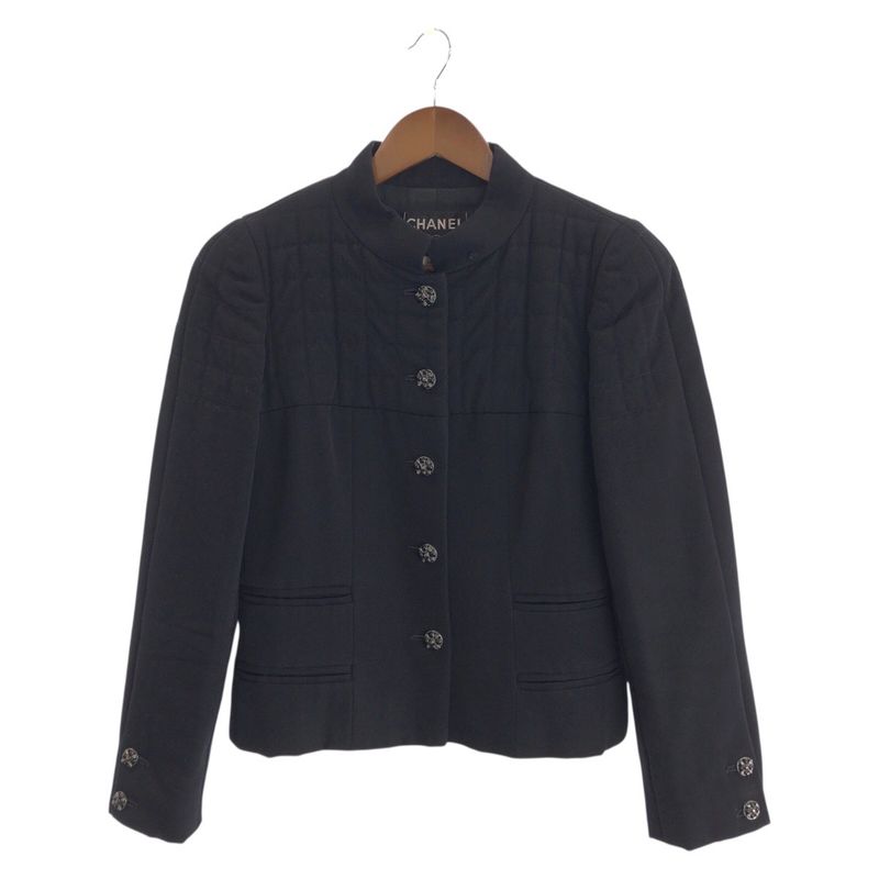 Chanel Quilted CC Logo Tan Karl Lagerfeld Work 36 Black Wool Jacket Skirt