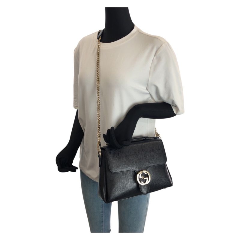Gucci Interlocking 2-Way Black Gold Leather Chain Shoulder Bag