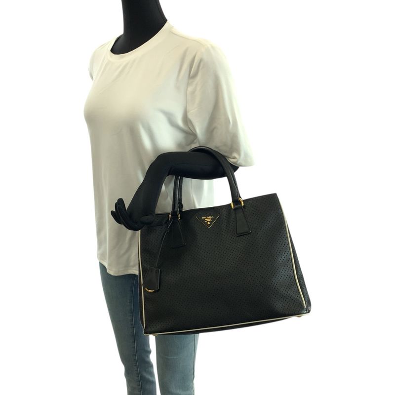Prada Saffiano Perforated Black Gold Leather Tote