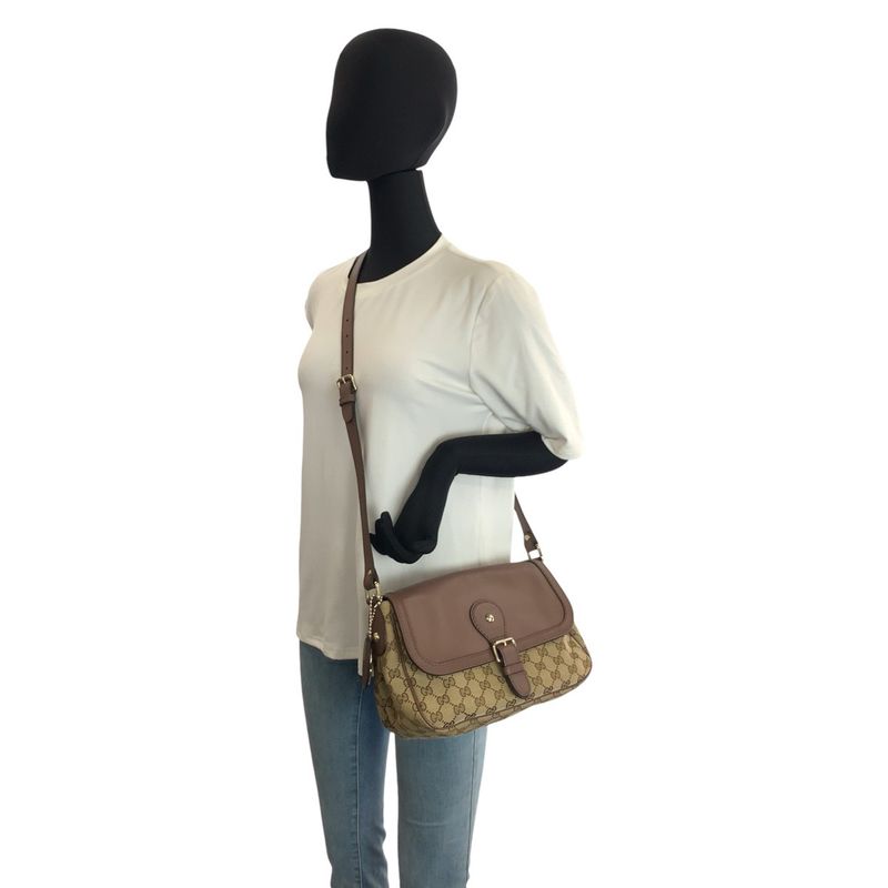 Gucci Ski Brown Beige Gold GG Canvas Leather Shoulder Bag Pochette