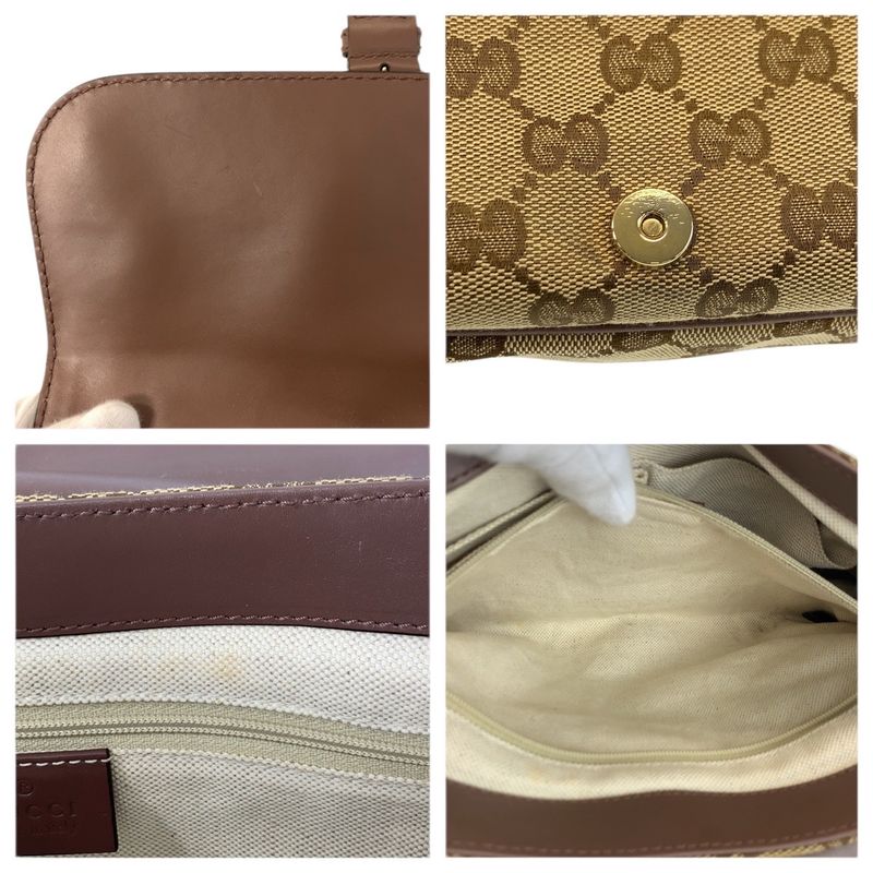 Gucci Ski Brown Beige Gold GG Canvas Leather Shoulder Bag Pochette