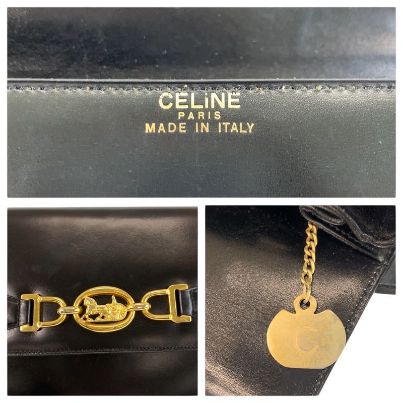 Celine Vintage Horse Carriage Logo Black Gold Leather Shoulder Bag