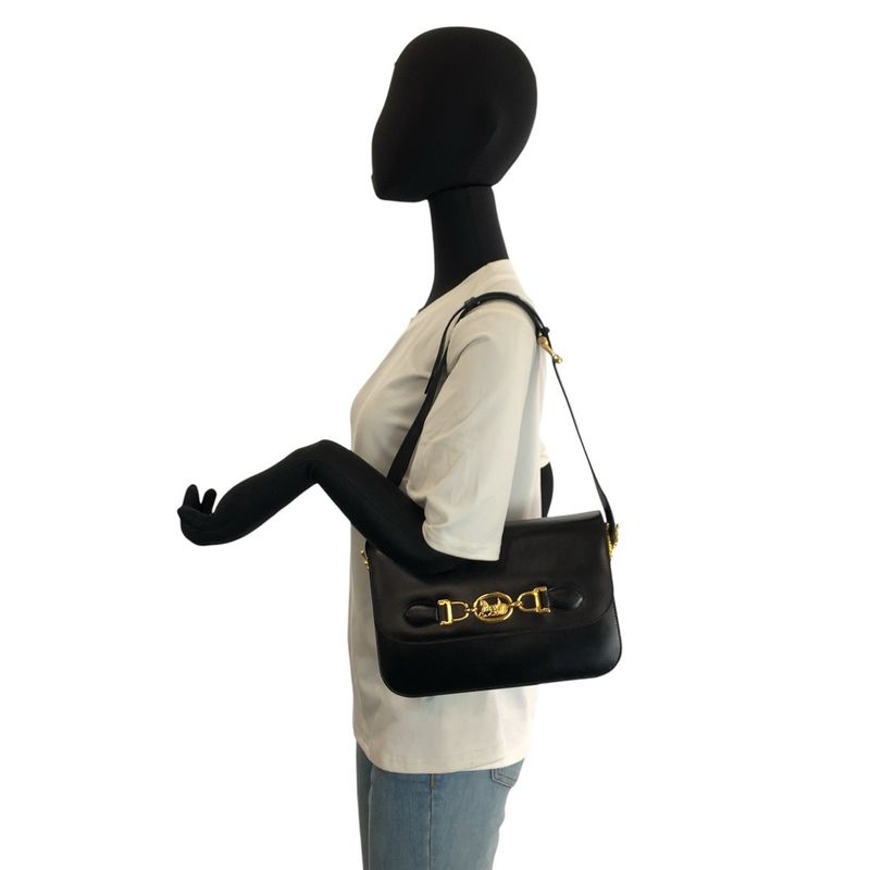 Celine Vintage Horse Carriage Logo Black Gold Leather Shoulder Bag