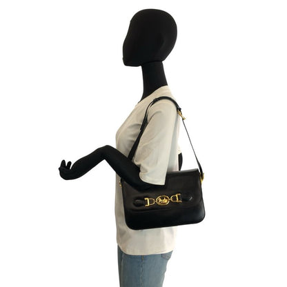 Celine Vintage Horse Carriage Logo Black Gold Leather Shoulder Bag