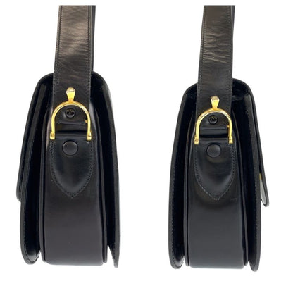 Celine Vintage Horse Carriage Logo Black Gold Leather Shoulder Bag