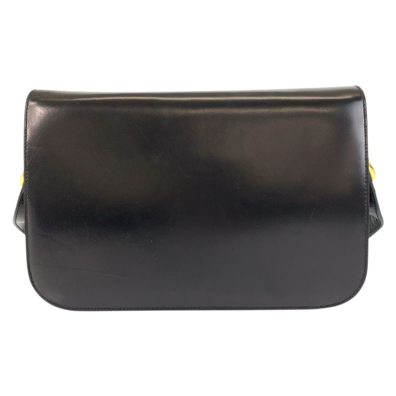 Celine Vintage Horse Carriage Logo Black Gold Leather Shoulder Bag