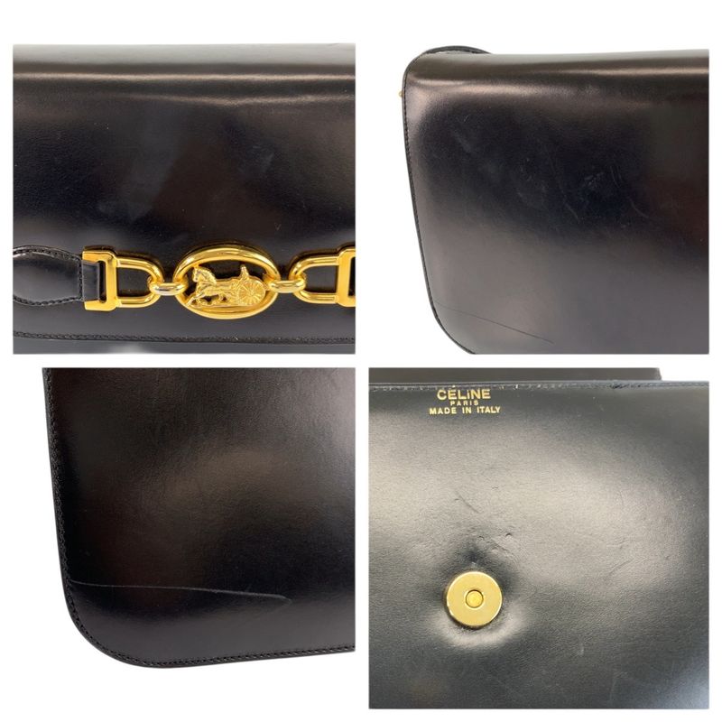 Celine Vintage Horse Carriage Logo Black Gold Leather Shoulder Bag
